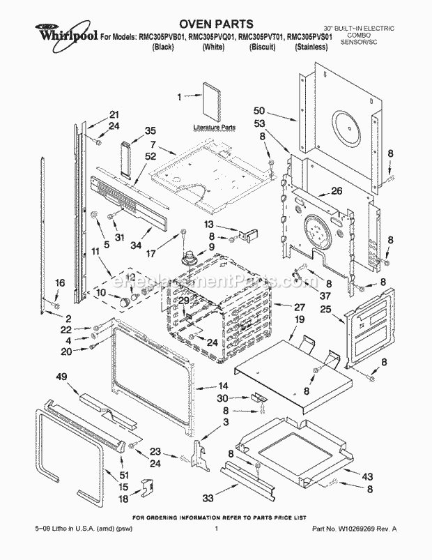 Whirlpool RMC305PVS01 Wall Oven/Microwave Combo Oven Parts Diagram