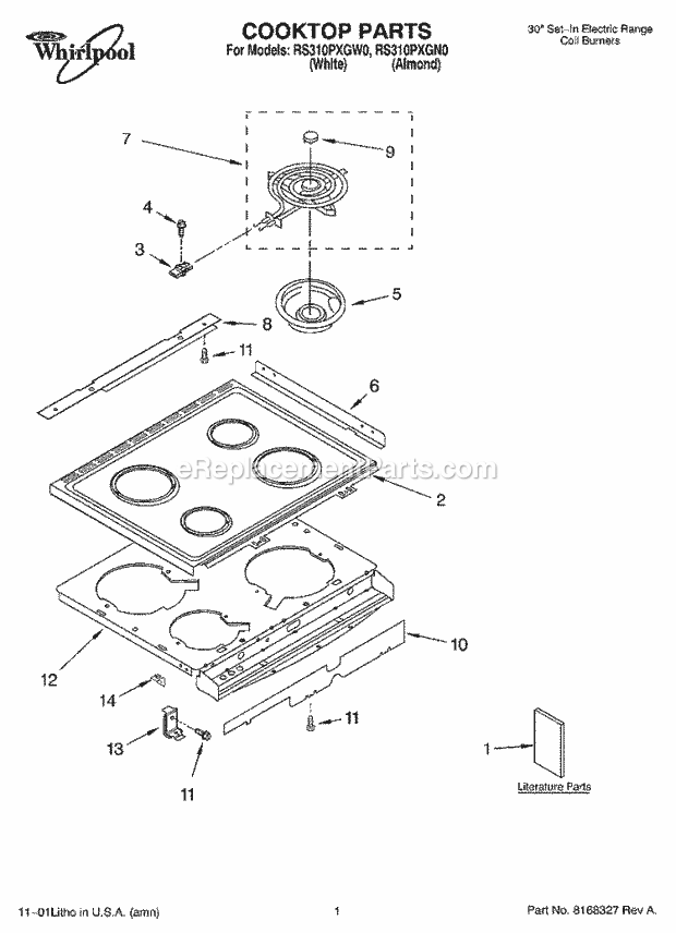 Whirlpool RS310PXGW0 Freestanding Electric Range Cooktop, Literature Diagram