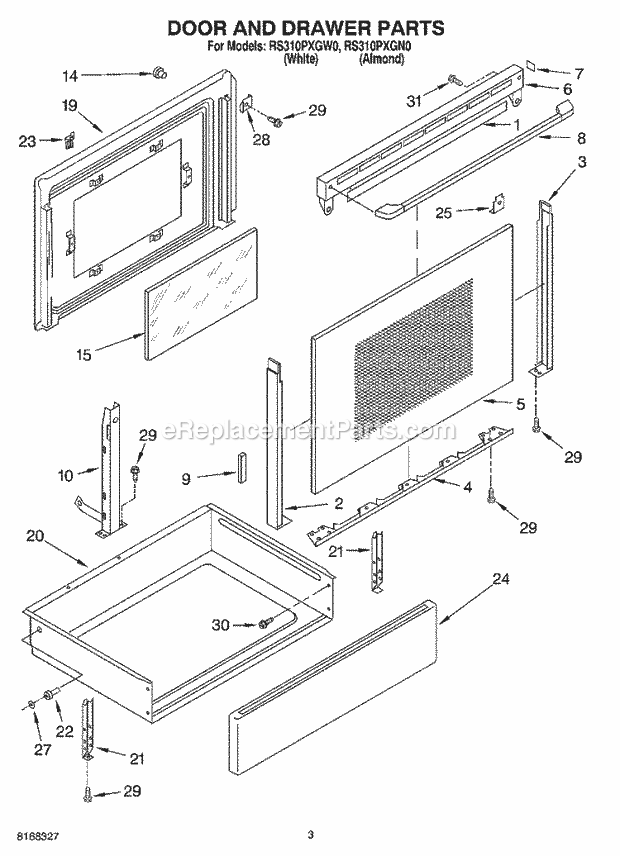 Whirlpool RS310PXGW0 Freestanding Electric Range Door and Drawer Diagram