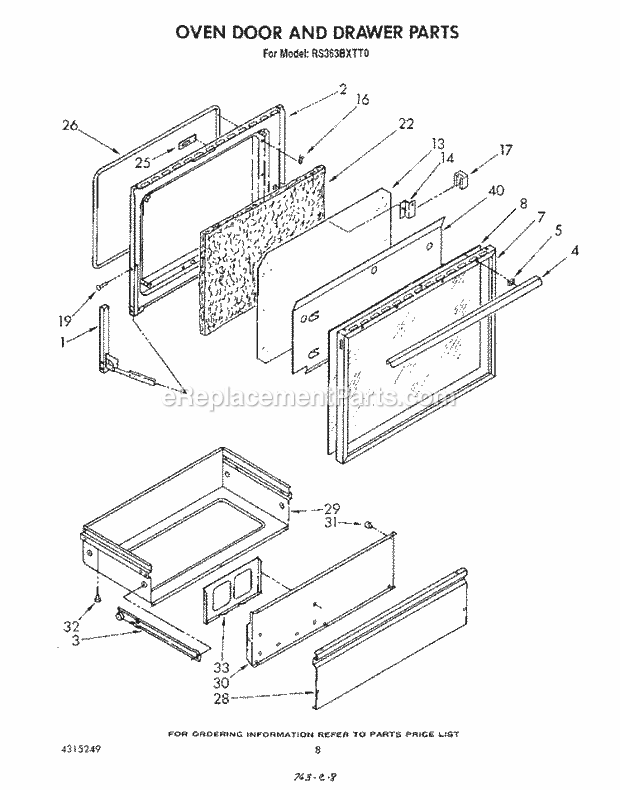 Whirlpool RS363BXTT0 Electric Range Oven Door and Drawer Diagram