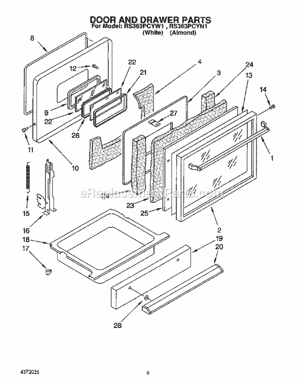 Whirlpool RS363PCYN1 Range Door and Drawer Diagram