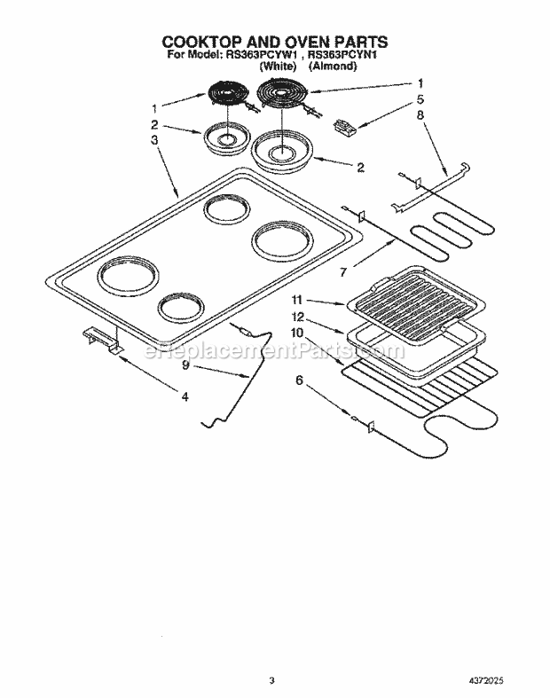 Whirlpool RS363PCYW1 Electric Range Cooktop and Oven Diagram