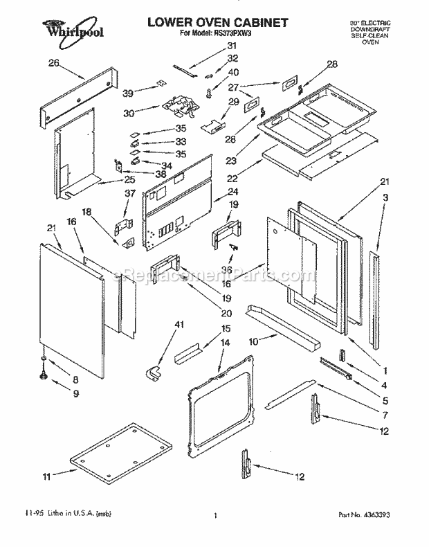 Whirlpool RS373PXW3 Downdraft Self Clean Electric Oven Lower Oven Cabinet Diagram