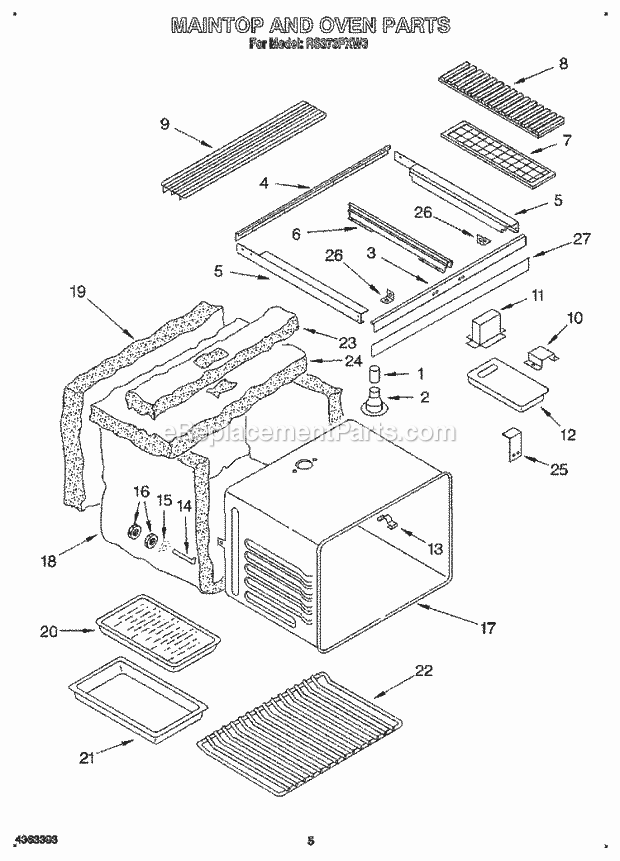 Whirlpool RS373PXW3 Downdraft Self Clean Electric Oven Maintop and Oven Diagram