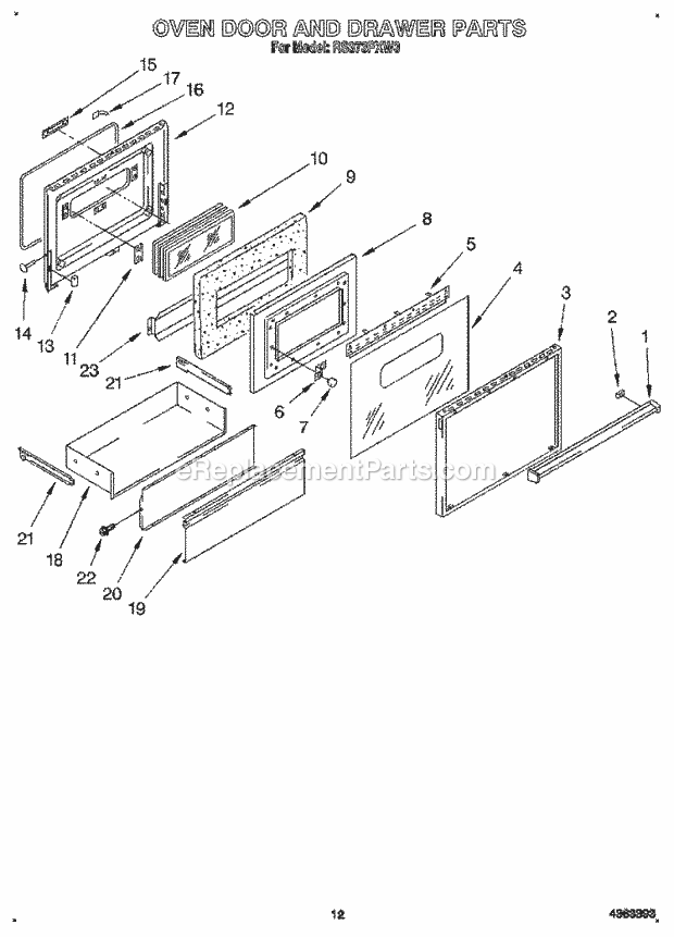 Whirlpool RS373PXW3 Downdraft Self Clean Electric Oven Oven Door and Drawer Diagram
