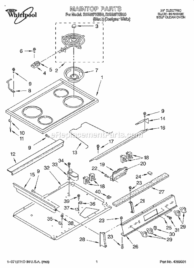 Whirlpool RS385PXEQ0 Electric Range Maintop Diagram