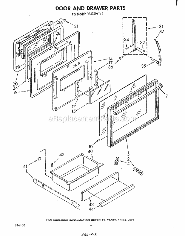 Whirlpool RS575PXR2 Electric Range Door and Drawer Diagram