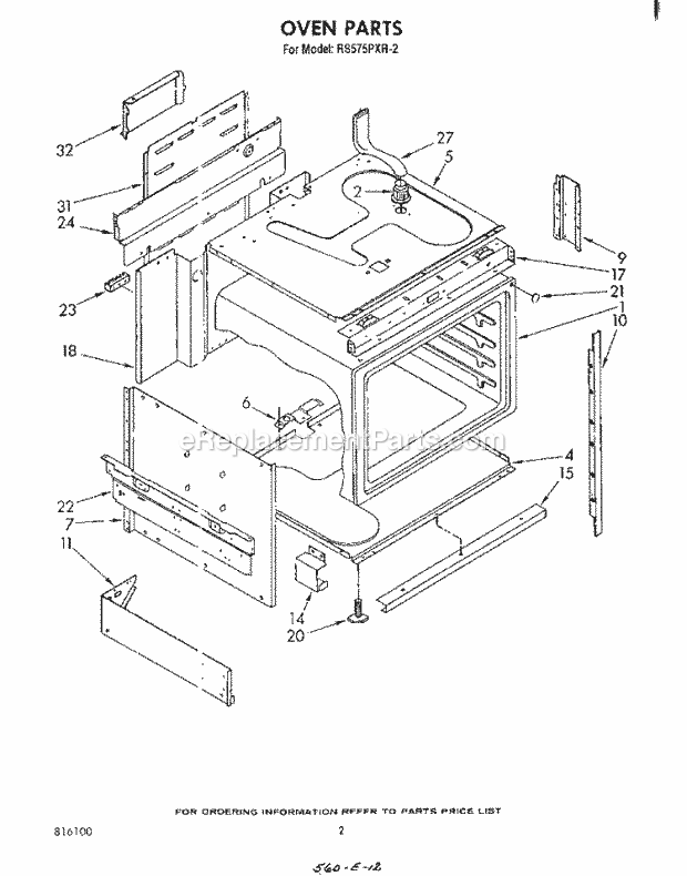 Whirlpool RS575PXR2 Electric Range Oven Diagram