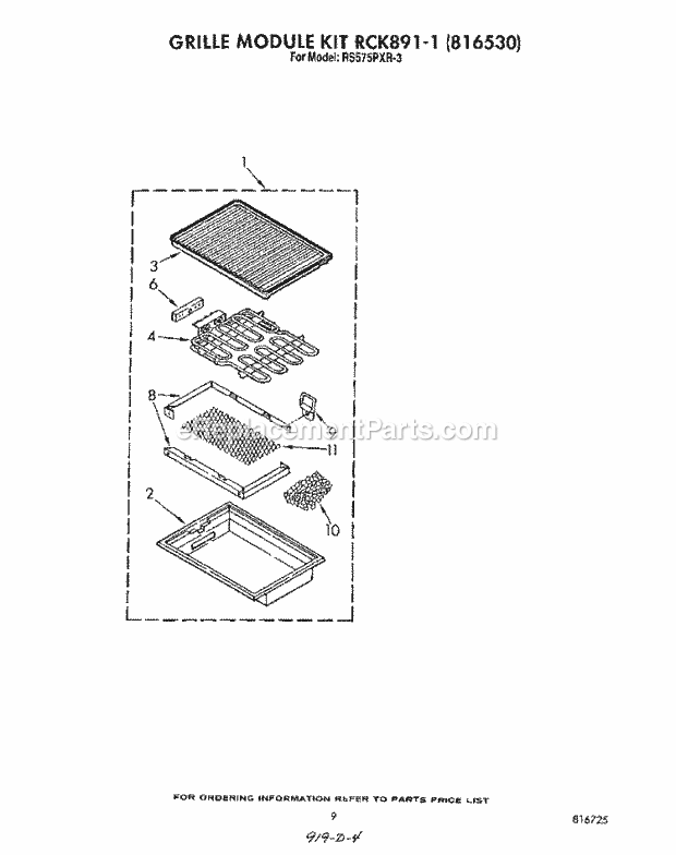 Whirlpool RS575PXR3 Electric Range Grill Kit Rck891-1 , Literature Diagram