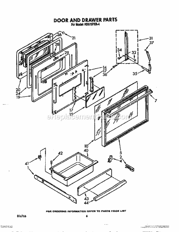 Whirlpool RS575PXR4 Electric Range Door and Drawer Diagram