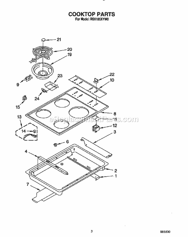 Whirlpool RS6105XYW0 Drop-in Electric Range Cooktop Diagram