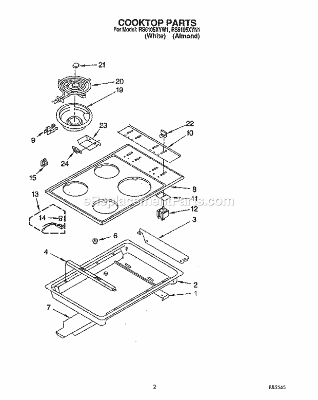 Whirlpool RS6105XYW1 Drop-in Electric Range Cooktop Diagram