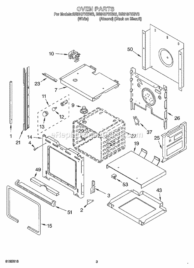 Whirlpool RS610PXGN3 Drop-in Electric Range Oven Diagram