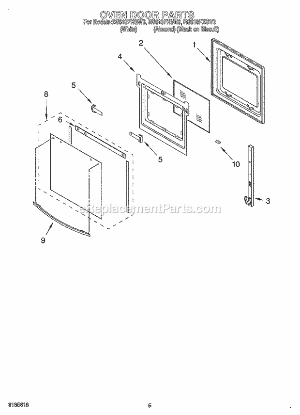 Whirlpool RS610PXGN3 Drop-in Electric Range Oven Door Diagram