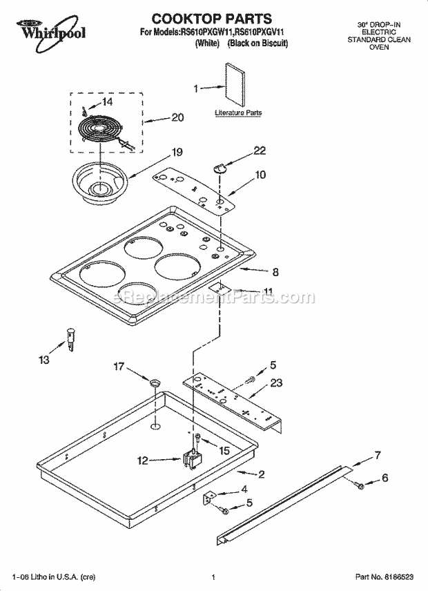 Whirlpool RS610PXGW11 Drop-in Electric Range Cooktop Parts Diagram