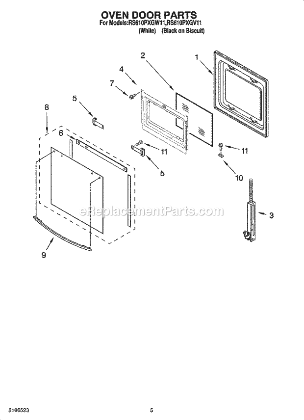 Whirlpool RS610PXGW11 Drop-in Electric Range Oven Door Parts Diagram