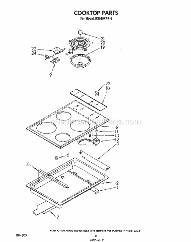 Whirlpool RS610PXK3 Drop-in Electric Range Cooktop Diagram