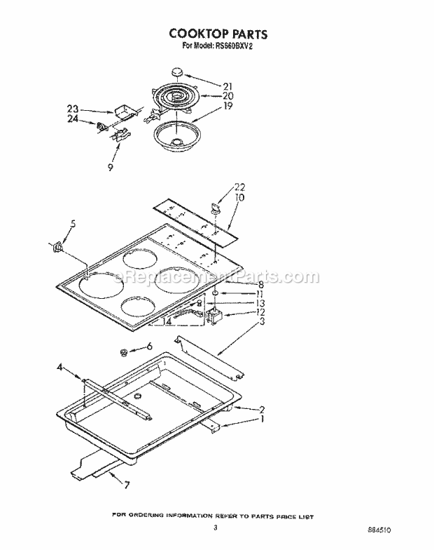 Whirlpool RS660BXV2 Slide in Electric Range Cooktop, Lit/Optional Diagram