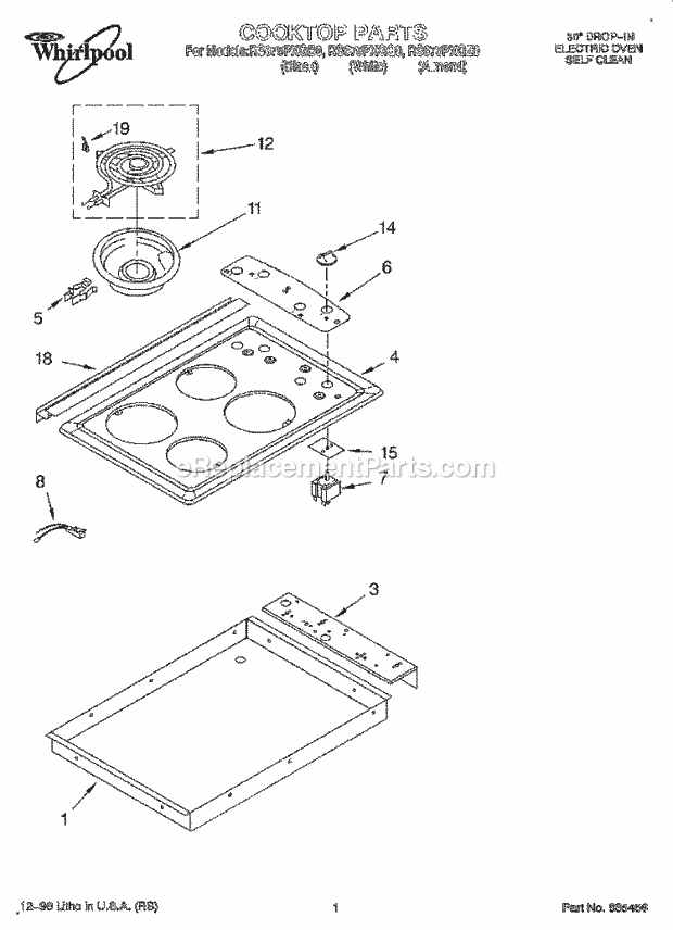 Whirlpool RS675PXGB0 Drop-in Electric Range Cooktop Diagram