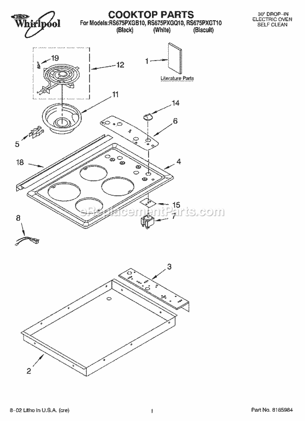 Whirlpool RS675PXGQ10 Drop-in Electric Range Cooktop, Literature Diagram