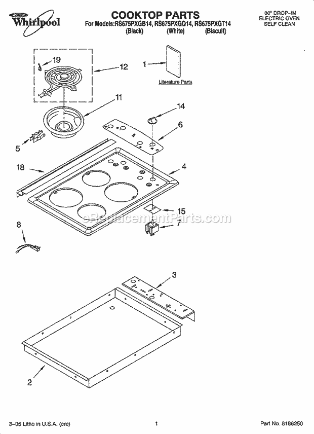 Whirlpool RS675PXGQ14 Drop-in Electric Range Cooktop Parts Diagram