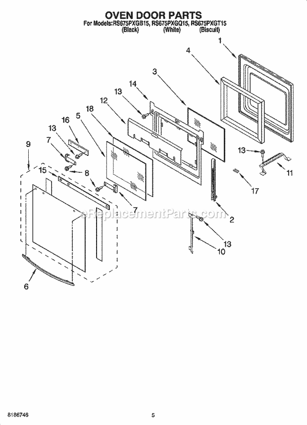 Whirlpool RS675PXGQ15 Drop-in Electric Range Oven Door Parts Diagram