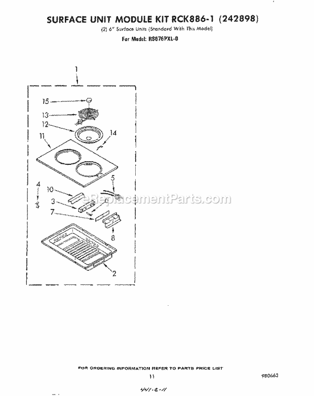 Whirlpool RS676PXL0 Electric Range Surface Unit Kit Rck886-1 Diagram