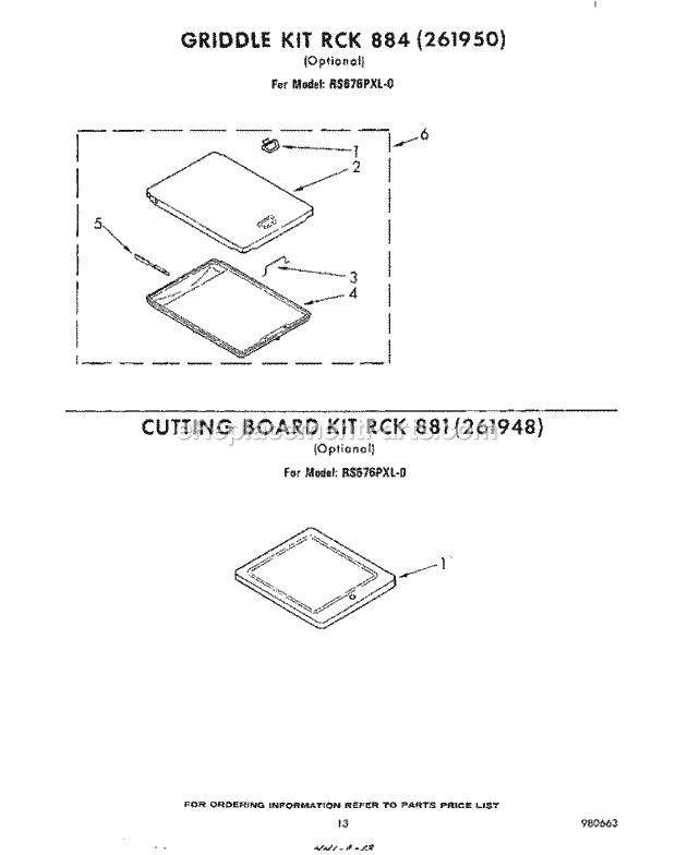 Whirlpool RS676PXL0 Electric Range Griddle Kit Rck 884 , Cutting Boar Diagram