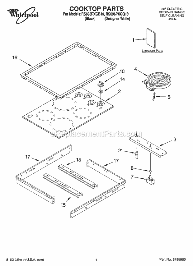 Whirlpool RS696PXGB10 Electric Range Cooktop, Literature Diagram