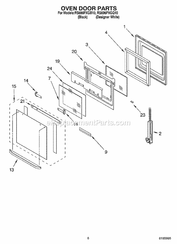 Whirlpool RS696PXGB10 Electric Range Oven Door Diagram