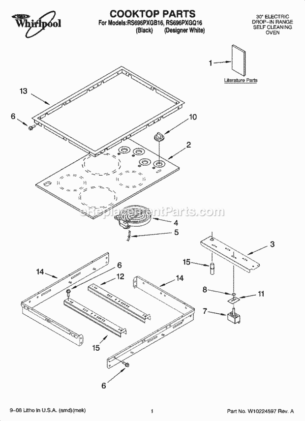 Whirlpool RS696PXGB16 Electric Range Cooktop Parts Diagram