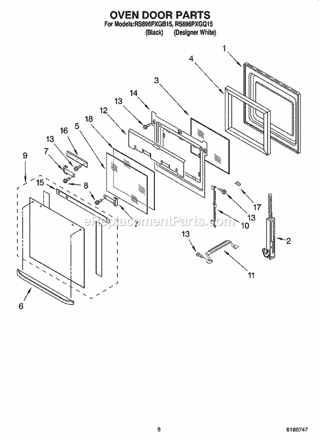 Whirlpool RS696PXGQ15 Drop-in Electric Range Oven Door Parts Diagram