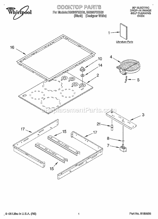 Whirlpool RS696PXGQ5 Drop-in Electric Range Cooktop, Literature Diagram