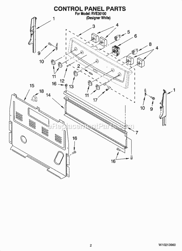 Whirlpool RVE30100 Freestanding Electric Control Panel Parts Diagram