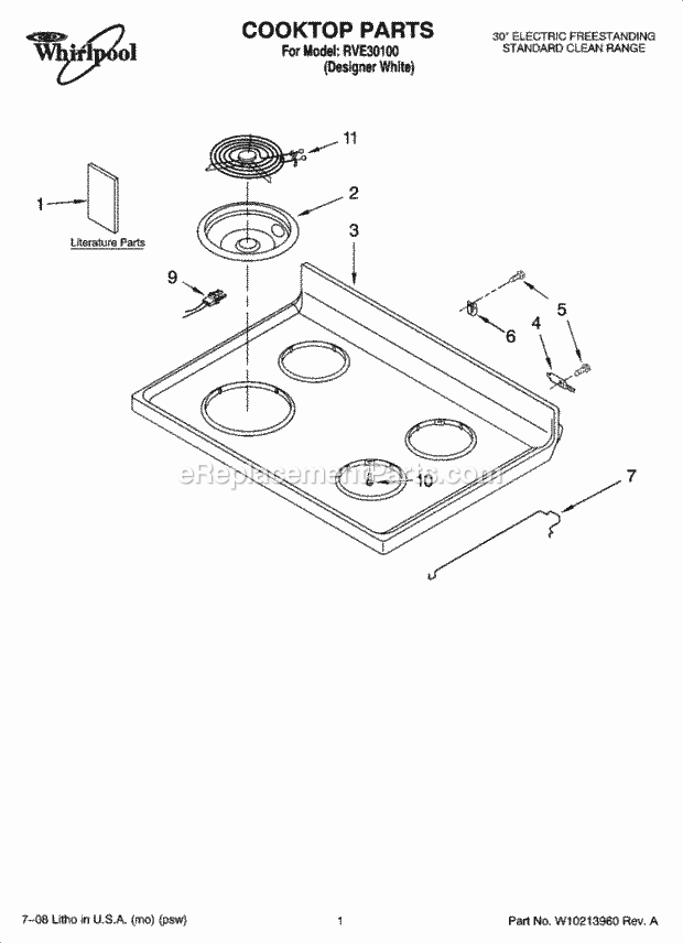 Whirlpool RVE30100 Freestanding Electric Cooktop Parts Diagram
