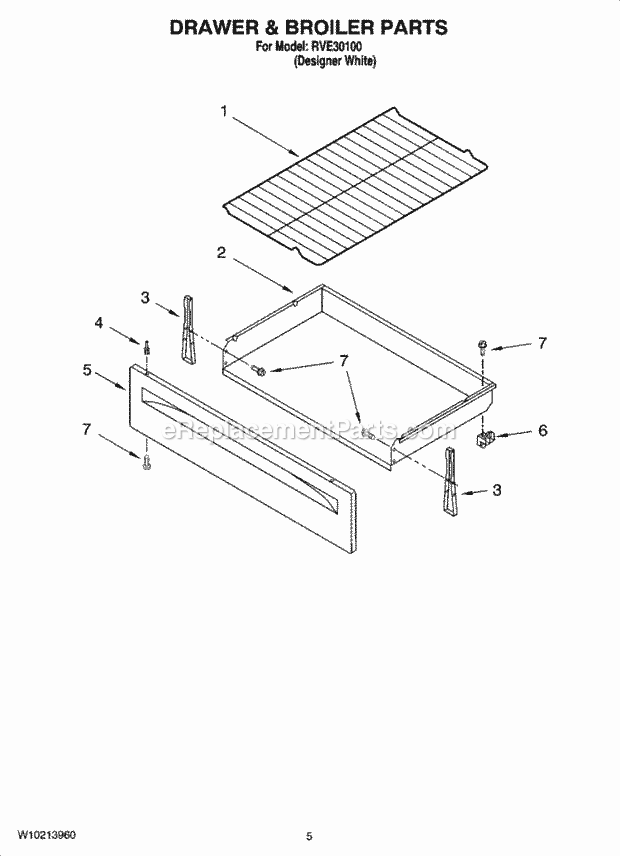 Whirlpool RVE30100 Freestanding Electric Drawer & Broiler Parts Diagram