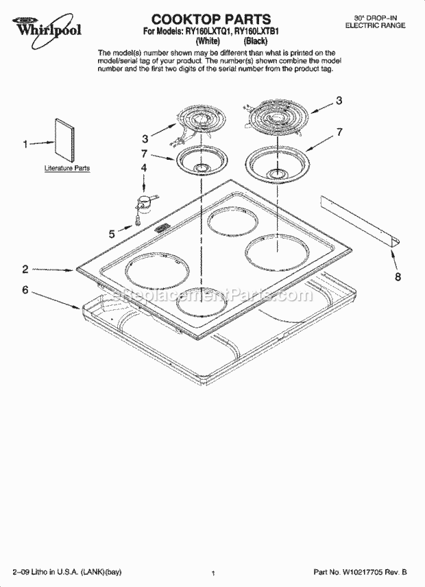 Whirlpool RY160LXTQ1 Electric Slide-in Range Cooktop Parts Diagram