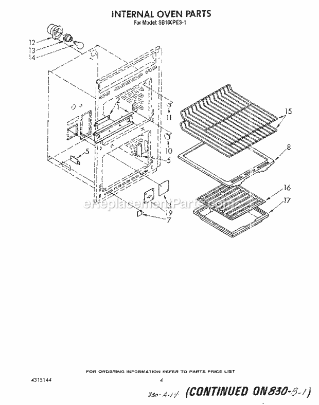 Whirlpool SB100PES1 Gas Range Internal Oven Diagram