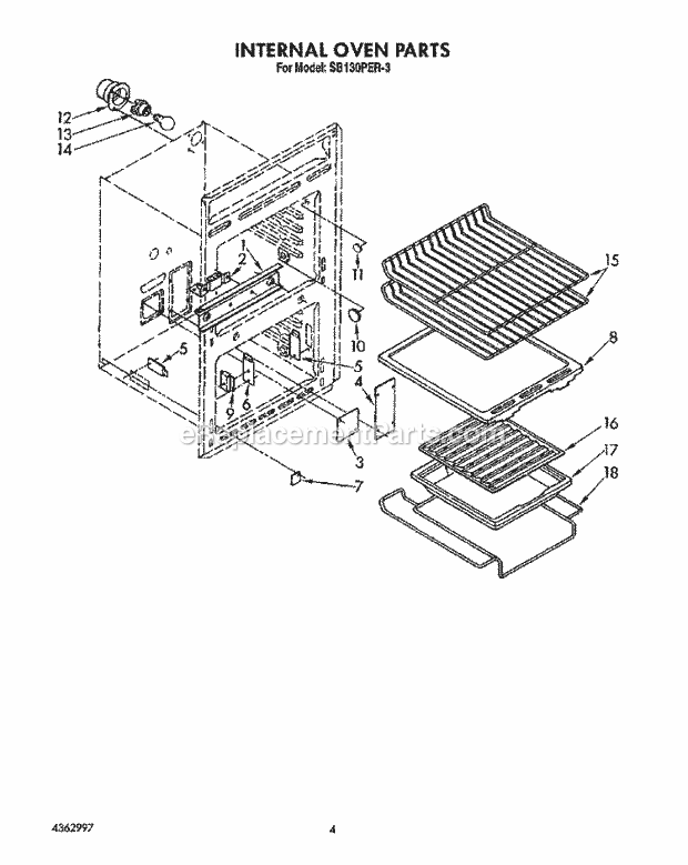 Whirlpool SB130PER3 Gas Range Internal Oven Diagram