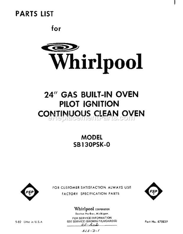 Whirlpool SB130PSK0 Built-in Gas Oven Page D Diagram