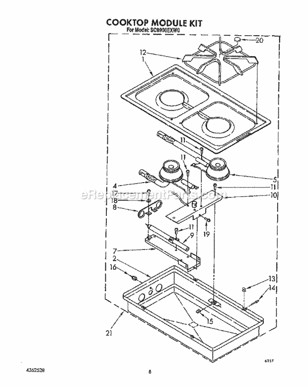 Whirlpool SC8900EXW0 Gas Range Cooktop Module Diagram