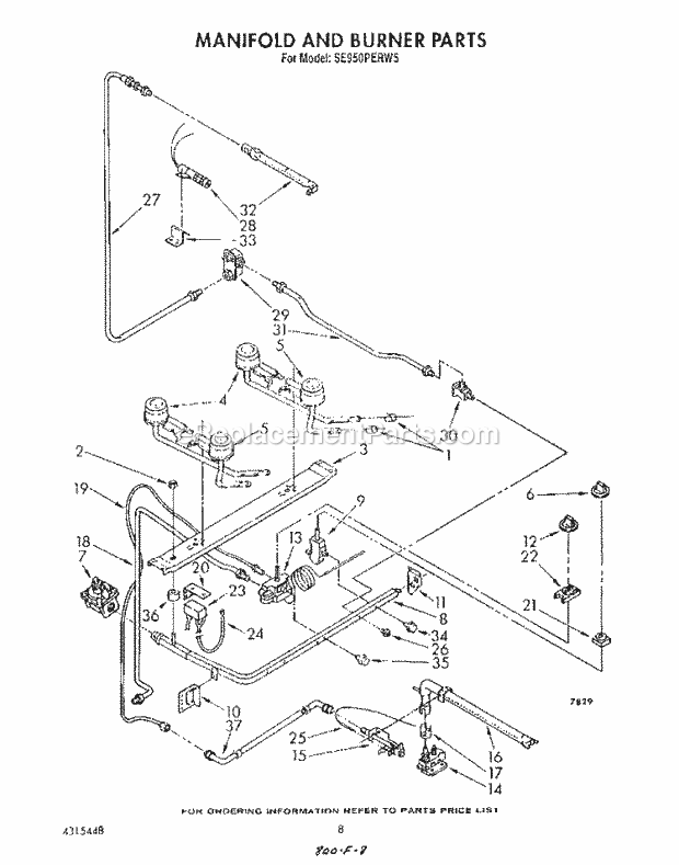 Whirlpool SE950PERW5 Gas Range Manifold and Burner Diagram