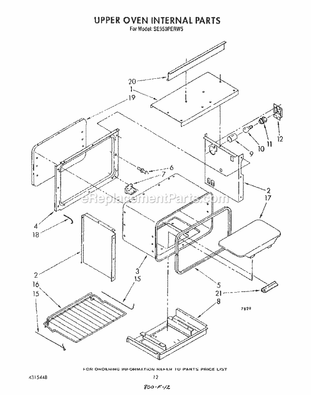 Whirlpool SE950PERW5 Gas Range Upper Oven Internal, Lit/Optional Diagram