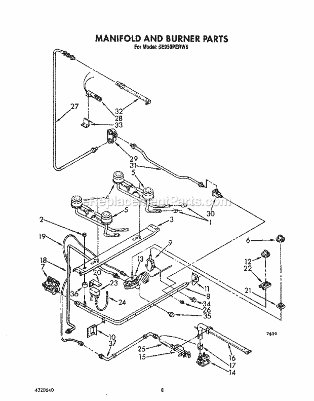 Whirlpool SE950PERW6 Gas Range Manifold and Burner Diagram