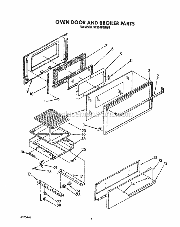 Whirlpool SE950PERW6 Gas Range Oven Door and Broiler Diagram