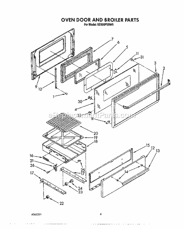 Whirlpool SE950PERW9 Gas Range Oven Door and Broiler Diagram