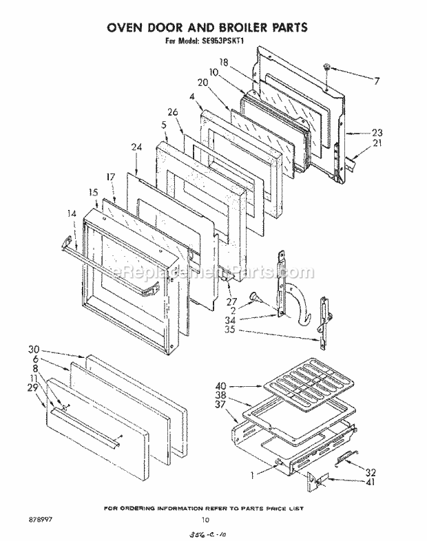 Whirlpool SE953PSKT1 Gas Range Oven Door and Broiler Diagram