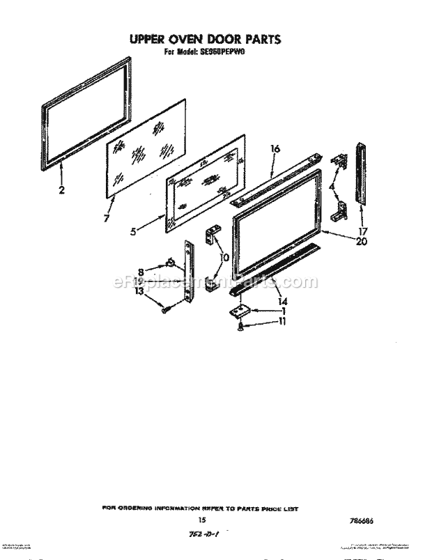 Whirlpool SE960PEPW0 Gas Range Upper Oven Door Diagram