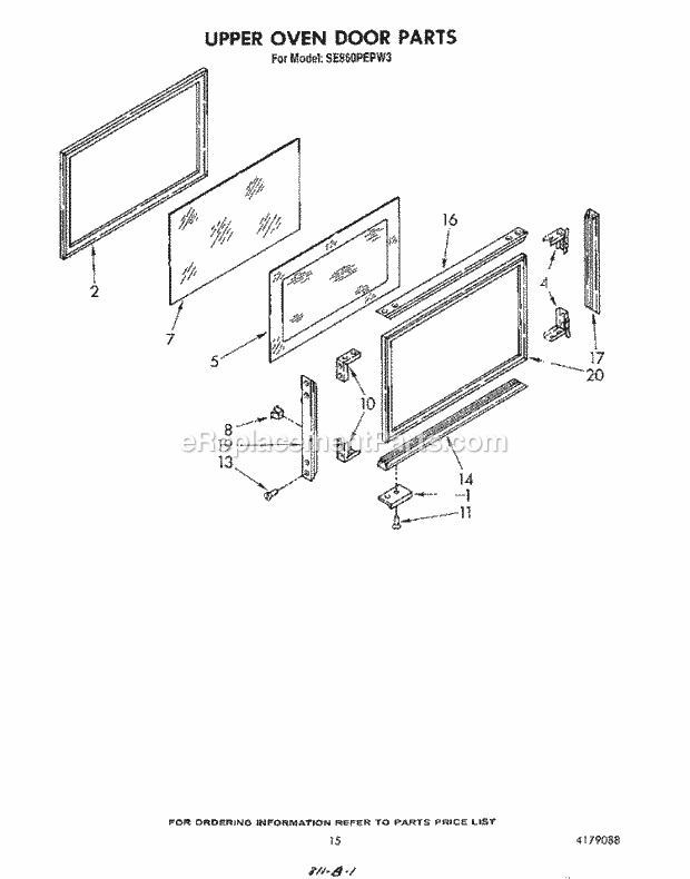 Whirlpool SE960PEPW3 Gas Range Upper Oven Door Diagram