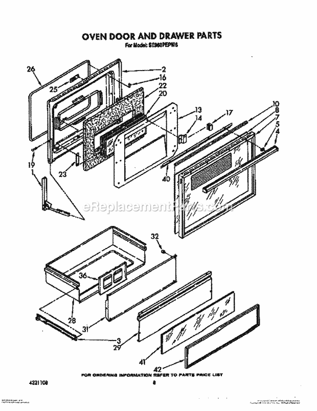 Whirlpool SE960PEPW6 Gas Range Oven Door and Drawer Diagram